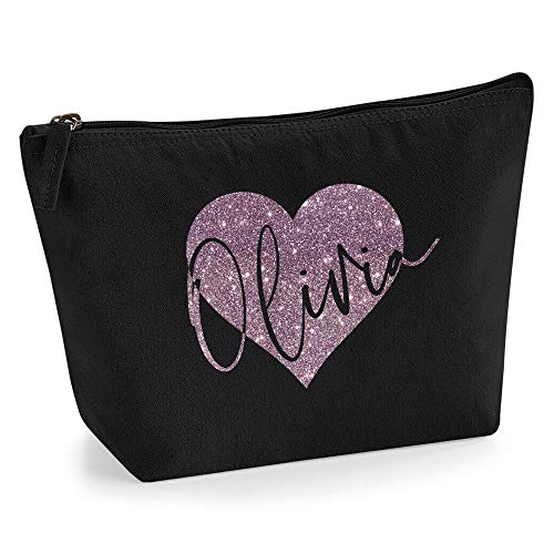 Personalisiert Name Initialen im Herz Kosmetiktasche Damen Schminktasche für Handtasche Makeup Tasche - M - Schwarz Tasche - Roségold Glitter von TULLUN