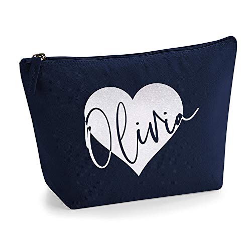 Personalisiert Name Initialen im Herz Kosmetiktasche Damen Schminktasche für Handtasche Makeup Tasche - S - Marine Blau Tasche - Holo Weißer Glitzer von TULLUN