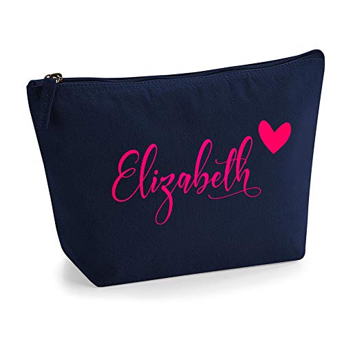 Personalisiert Name Initialen & Herz Kosmetiktasche Damen Schminktasche für Handtasche Makeup Tasche - Glitter oder Flocke Material Druck - Neonrosa Flocke - S | Marine Blau von TULLUN