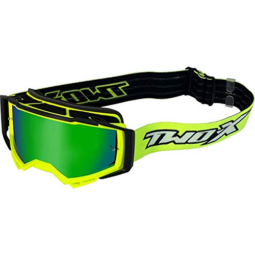 TWO-X Cross-Brille Atom - Motocross-Brille mit verspiegeltem grünen Glas - Motorrad-Brille - Enduro & Downhill - Schutzbrille - Vortex-Neongelb von TWO-X