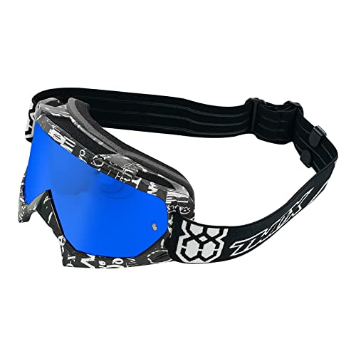 TWO-X Cross-Brille - Motocross-Brille mit verspiegeltem blauen Glas - Motorrad-Brille - Enduro & Downhill Schutz-Brille - Modell Race - Schwarz-Weiß von TWO-X