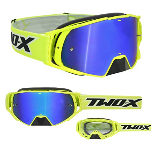 TWO-X Cross-Brille - Motocross-Brille mit verspiegeltem blauen Glas - Motorrad-Brille - Enduro & Downhill - Schutz-Brille - Modell Rocket - Neongelb von TWO-X