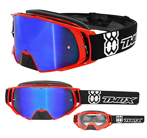 TWO-X Cross-Brille - Motocross-Brille mit verspiegeltem blauen Glas - Motorrad-Brille - Enduro & Downhill - Schutz-Brille - Modell Rocket - Rot von TWO-X