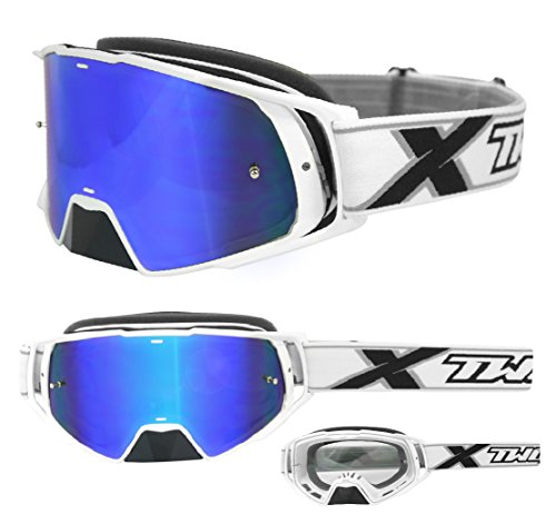 TWO-X Cross-Brille - Motocross-Brille mit verspiegeltem blauen Glas - Motorrad-Brille - Enduro & Downhill - Schutz-Brille - Modell Rocket - Weiß von TWO-X
