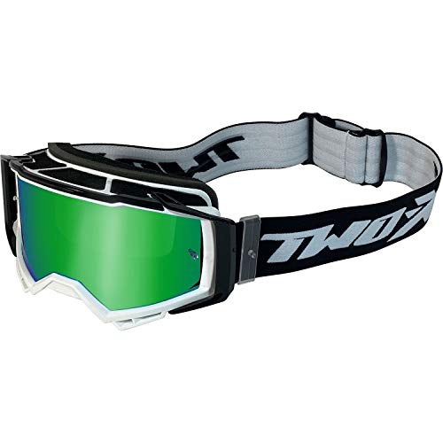 TWO-X Cross-Brille - Motocross-Brille mit verspiegeltem grünen Glas - Brille - Enduro & Downhill - Schutz-Brille - Atom - Blizzard-Weiß-Schwarz von TWO-X