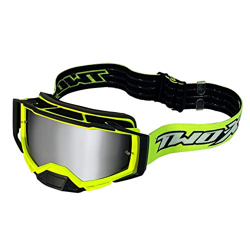TWO-X Cross-Brille - Motocross-Brille mit verspiegeltem silbernen Glas - Motorrad-Brille - Enduro & Downhill - Schutzbrille - Atom - Vortex-Neongelb von TWO-X