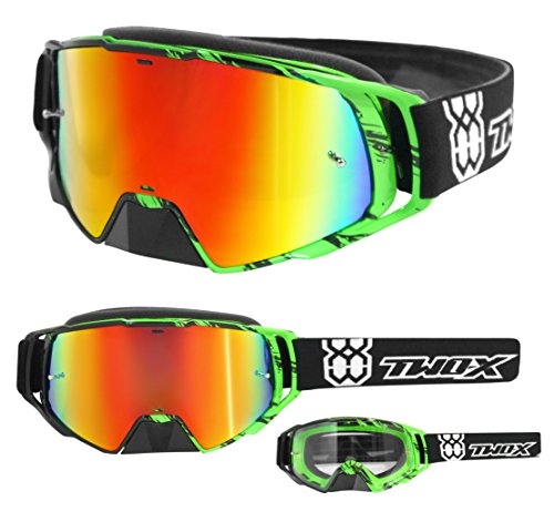 TWO-X Cross-Brille - Motocrossbrille mit verspiegeltem Iridium Glas - Motorradbrille - Enduro & Downhill - Schutzbrille - Rocket - Crush Schwarz-Grün von TWO-X