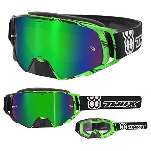 TWO-X Cross-Brille - Motocrossbrille mit verspiegeltem grünen Glas - Motorradbrille - Enduro & Downhill - Schutz-Brille - Rocket - Crush Schwarz-Grün von TWO-X