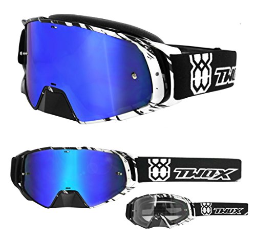 TWO-X Cross-Brille - ROCKET - Motocrossbrille mit verspiegeltem blauen Glas - Motorradbrille - Enduro & Downhill - Schutz-Brille - Crush Schwarz-Weiß von TWO-X