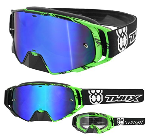 TWO-X Rocket Crossbrille Crush schwarz grün Glas verspiegelt blau MX Brille Nasenschutz Motocross Enduro Spiegelglas Motorradbrille Anti Scratch MX Schutzbrille Nose Guard von TWO-X