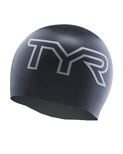 TYR Unisex-Erwachsene Faltenfreie Silikon-Badekappe, Schwarz/Logo, Einheitsgröße von TYR
