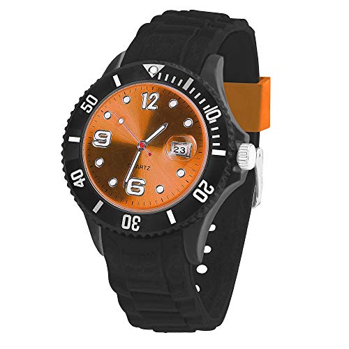 Taffstyle Damen Herren Sportuhr Armbanduhr Silikon Sport Watch Farbiges Ziffernblatt mit Datum Analog Quarz Uhr Schwarz Orange von Taffstyle