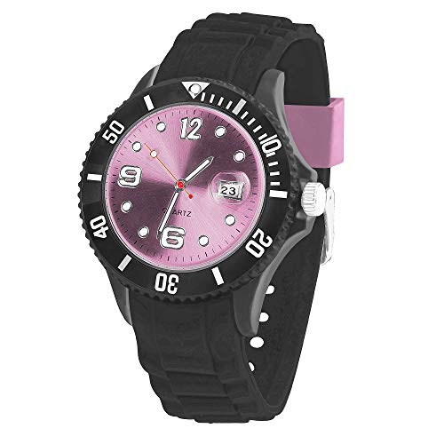 Taffstyle Damen Herren Sportuhr Armbanduhr Silikon Sport Watch Farbiges Ziffernblatt mit Datum Analog Quarz Uhr Schwarz Rosa von Taffstyle