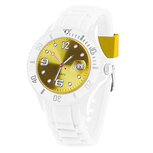 Taffstyle Damen Herren Sportuhr Armbanduhr Silikon Sport Watch Farbiges Ziffernblatt mit Datum Analog Quarz Uhr Weiß Gelb von Taffstyle
