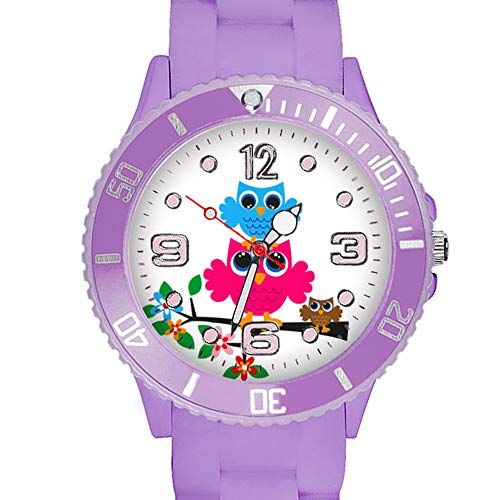 Taffstyle Kinder Armbanduhr Silikon Sportuhr Bunte Sport Uhr mit Blumen Eulen Familie Motiv Analog Quartz Little 34 mm Flieder von Taffstyle