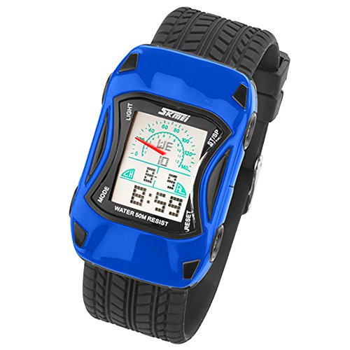 Taffstyle Kinder Armbanduhr Silikon Sportuhr Bunte Uhr Stoppuhr Auto Motiv mit Alarm Digital Quartz Blau von Taffstyle