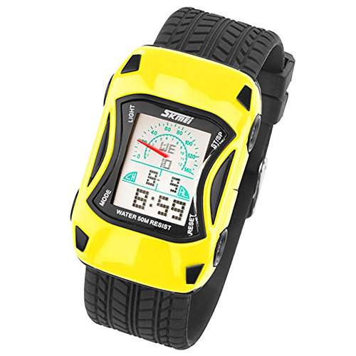 Taffstyle Kinder Armbanduhr Silikon Sportuhr Bunte Uhr Stoppuhr Auto Motiv mit Alarm Digital Quartz Gelb von Taffstyle