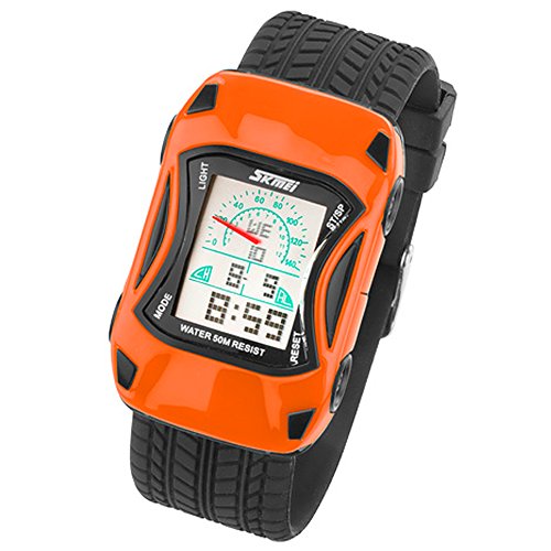 Taffstyle Kinder Armbanduhr Silikon Sportuhr Bunte Uhr Stoppuhr Auto Motiv mit Alarm Digital Quartz Orange von Taffstyle