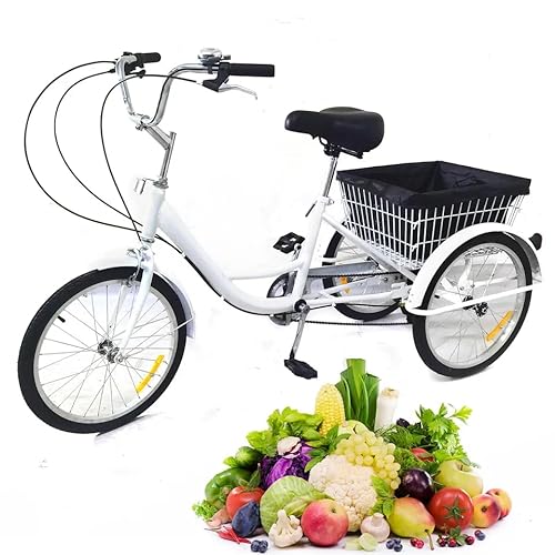Tagtuell Dreirad für Erwachsene, 20 Zoll 8 Gang Dreiräder, 3-Rad Fahrrad Mit Licht Gemüsekorb, 110KG Tragfähigkeit, Antirutsch- und Verschleißfeste Räder, Weiß von Tagtuell