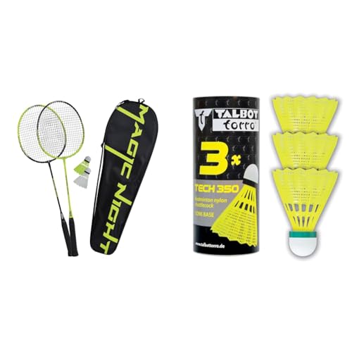 Talbot Torro Badminton-Set Magic Night & Badminton und Federball TECH 350 Badmintonball, 3er Dose, Korb: Gelb, Geschwindigkeit Grün-Langsam, One Size von Talbot Torro