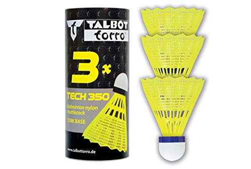 Talbot Torro® Badminton Ball Tech 350, 3er Dose, Farbe: Gelb, Geschwindigkeit: Blau/Medium, Nylonfederball für Freizeit, Training, Schule, für Indoor & Outdoor, 479113 von Talbot Torro