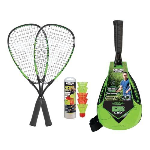 Talbot-Torro® Speed-Badminton Set Speed 5500 LED, 2 handliche Alu-Rackets 56,5cm, 5 windstabile Bälle inkl. LED-Bälle für das Spiel bei Dunkelheit, im trendigen Rucksack, limegrün-schwarz, 490118 von Talbot Torro
