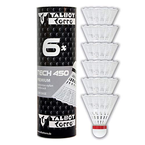 Talbot-Torro Tech 450 Badmintonbälle - 6er Dose, verschiedene Farben/Geschwindigkeiten wählbar (weiß/gelb, Geschwindigkeiten: langsam, mittel, schnell), Premium-Nylonfederball für Indoor & Outdoor von Talbot Torro