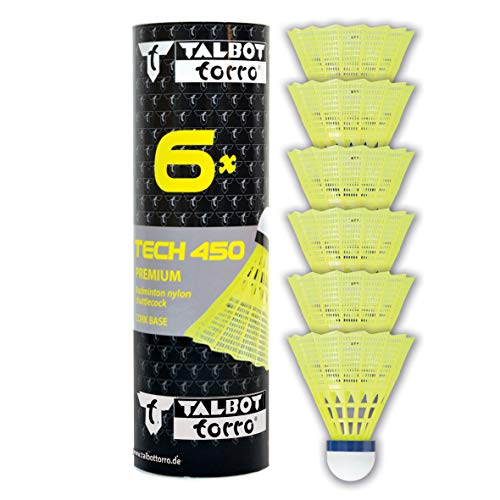 Talbot-Torro® Badminton Ball Tech 450, 6er Dose, Farbe: Gelb, Geschwindigkeit: Blau/Mittel, Premium-Nylonfederball, Federball Shuttle, Nylonshuttles, für Indoor & Outdoor Federball & Badminton von Talbot Torro
