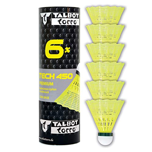 Talbot-Torro® Badminton Ball Tech 450, 6er Dose, Farbe: Gelb, Geschwindigkeit:Grün/Langsam,Premium-Nylonfederball, Federball Shuttle, Nylonshuttles, für Indoor & Outdoor Federball & Badminton von Talbot Torro