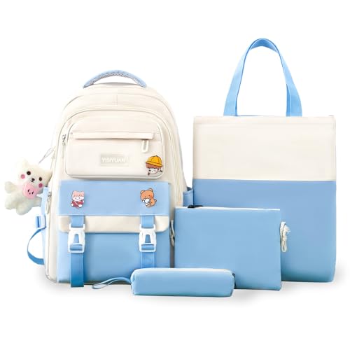 Tanou Schulranzen Mädchen 4-teilig, Schultasche Kinder Rucksack Schule Teenager 3.-7. Klasse, Stilvoll Schulrucksack mit Studenten Umhängetasche und Federmäppchen, Blau von Tanou