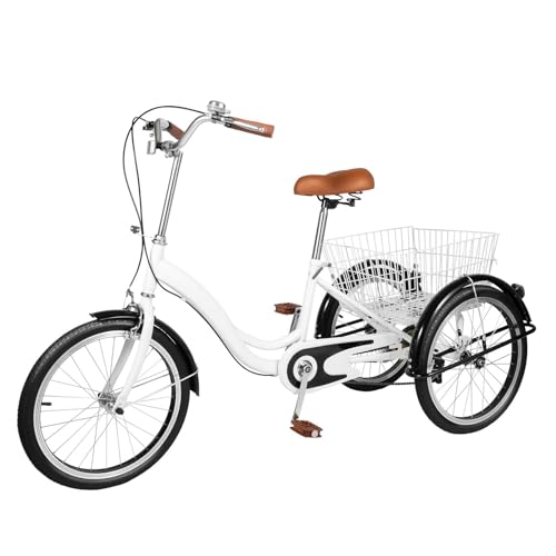 20 Zoll Räder Dreirad für Erwachsene, Seniorenrad Erwachsenendreirad mit Korb, Aluminium Trike Bike Radfahren, Weiß, Geeignet für Erwachsene, Senioren, Shopping, Outdoor von Taozhiyy