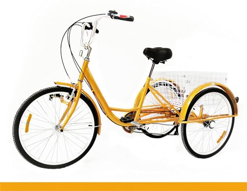 Taozhiyy 24 Zoll Erwachsene Dreirad, 6 Gänge Cruise Cityräder Tricycle, 3 Rad Shopping Fahrrad Trike mit Korb und Licht, für Erwachsene, Senioren, Frauen, Männer, Gelb von Taozhiyy