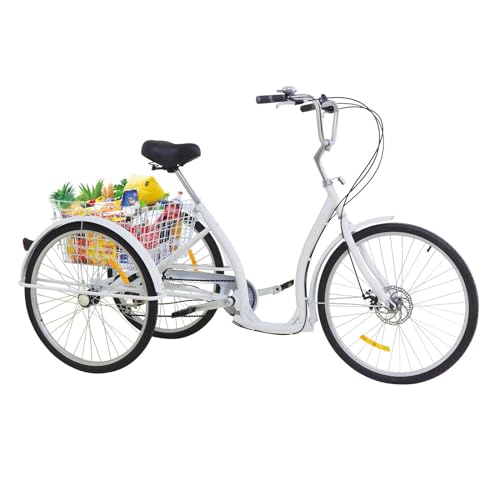 Taozhiyy 26 Zoll Dreirad für Erwachsene, 6 Gänge Cruise Cityräder mit Einkaufskorb, Scheibenbremsen Vorne und Hinten, 3 Rad Premium Fahrrad für Reisen, Radfahren Und Einkaufen, Weiß von Taozhiyy