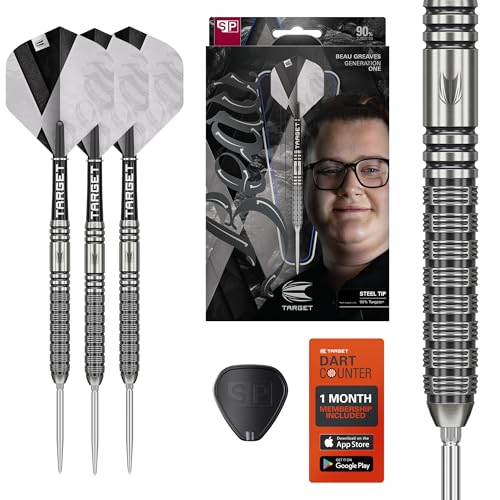 Target Darts Beau Greaves Steeldart Dartpfeil-Set, 25 g | 90-%-Tungsten-Dartpfeile, Pro Grip-Dart-Schäfte und Pro UItra No. 2-Flights, silberfarbene Swiss Point und SP-Tool inkludiert | Player-Edition von Target Darts