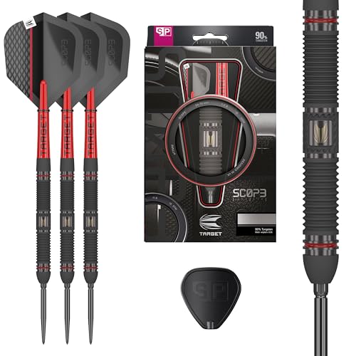 Target Darts Scope Swiss Point Steeldarts, 90% Tungsten Dart-Set, Barrel 01-25G | Steeldarts Set, Darts in Rot & Schwarz, Profi Dart-Set mit Swiss Points & Tool von Target Darts