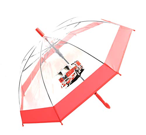 Kinder Automatik Regenschirm transparent durchsichtig Stockschirm für Mädchen & Jungen mit süßen Motiven (Feuerwehr) von TESTEL