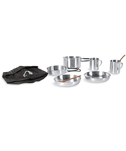 Tatonka Camping-Kochgeschirr Picnic Set (8-teilig) - Edelstahl-Geschirr fürs Picknick zu zweit - Mit Topf, Pfanne, 2x Teller, 2x Tasse mit Henkel und 2x Löffel aus Kokosholz - Schadstofffrei, Silber von Tatonka