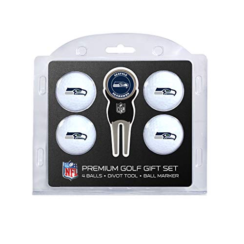 Team Golf NFL Seattle Seahawks Set mit 4 Golfbällen und Pitchgabeln, reguläre Größe, Golfbälle (4 Stück) und Pitchgabel mit abnehmbarem doppelseitigem Magnetmarker von Team Golf