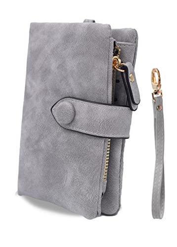 Damen Mini Geldbörse Geldbeutel Kurz Clutch Multifunction Tasche mit Armband Kartenfächer Fotofenster und Druckknopf grau von TeeYee