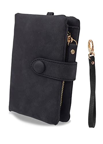 Damen Mini Geldbörse Geldbeutel Kurz Clutch Multifunction Tasche mit Armband Kartenfächer Fotofenster und Druckknopf schwarz von TeeYee
