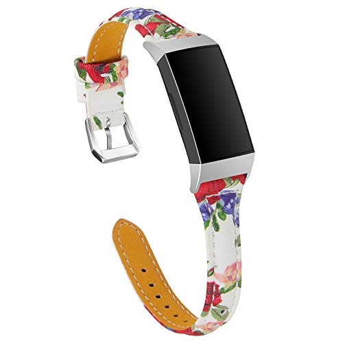 TenCloud Ersatzbänder kompatibel mit Fitbit Charge 4/Charge 3 Armband, schlankes Leder, Blumendruck-Armband, verstellbares Armband für Charge 4/Charge 3/Charge 3 SE Smartwatch (weiß) von Chofit