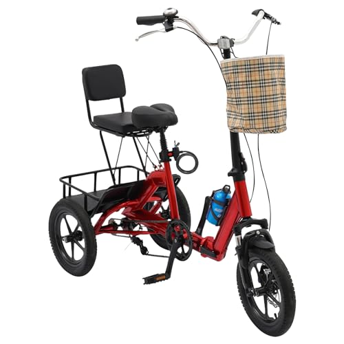 14 Zoll Dreirad für Erwachsene, 3 Räder Fahrräd für Erwachsene & Kinder mit Abnehmbaren Korb und Rückenlehne Faltbares Tricycle for Adults Höhenverstellbares Dreirad Fahrrad Cruiser Bike (Rot) von Tenddya
