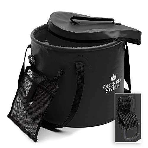 The Friendly Swede Faltbarer Eimer, Faltschüssel für Camping, Garten, Outdoor - zusammenklappbarer Falteimer, Wassereimer, Angel Eimer mit Deckel und Mesh Tasche, (Schwarz 23 Liter) von The Friendly Swede