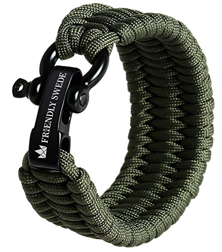 The Friendly Swede Paracord-Armband mit Trilobit-Knoten und verstellbarem schwarzem Edelstahl-Schäkel, aus extra-starker 550er-Paracord, armee-grün von The Friendly Swede