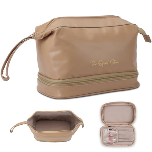 The Spirit Store Kulturtasche Damen | Makeup Bag | Schminktasche | Beauty Case | Reise Kulturbeutel Damen | Groß XXL | Beige PU-Leder | Stabil & Stilvoll | Extra Pinselfach & Innentasche von The Spirit Store