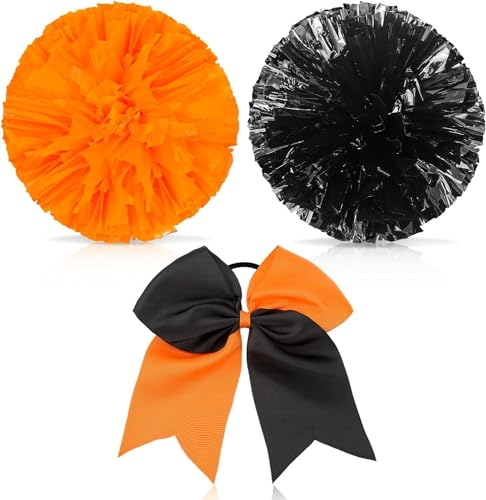 Theaque Cheerleader Pompons und Große Cheerleader Haarschleife für Mädchen 12 Zoll Metallic Cheerleader Pompons für Sport, Teamgeist, Anfeuerung (Orange und Schwarz) von Theaque