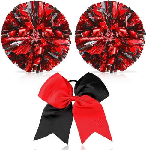 Theaque Cheerleader Pompons und Große Cheerleader Haarschleife für Mädchen 12 Zoll Metallic Cheerleader Pompons für Sport, Teamgeist, Anfeuerung (rot und schwarz gemischt) von Theaque