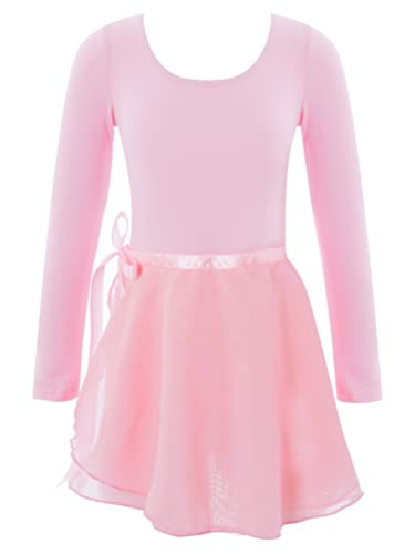 TiaoBug Ballettkleid Mädchen Langarm/Kurarm/Ärmellos/Träger Ballett Trikot Body Baumwolle Ballettanzug mit Chiffon Wickelrock Kinder Ballettkleidung Set Gr. 98-164 Rosa Z 134-140 von TiaoBug