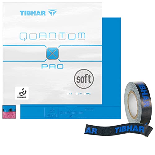 Tibhar Tischtennis-Belag Quantum X Pro Soft & Kantenband | blaues Obergummi | Härtegrad: 42,5 | Pinker, feinporiger Schwamm (blau - 2,0mm) von Tibhar