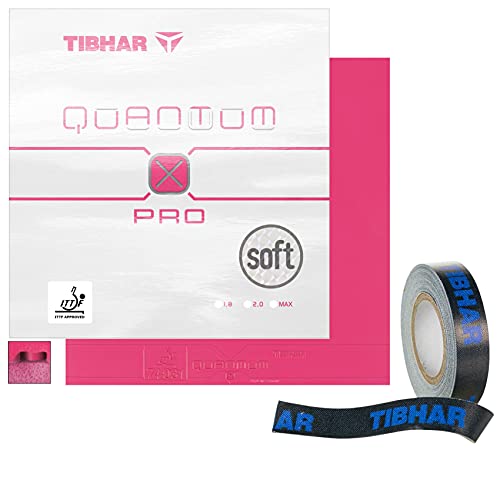 Tibhar Tischtennis-Belag bunt Quantum X Pro Soft & Kantenband | pinkes Obergummi | Härtegrad: 42,5 | Pinker, feinporiger Schwamm (pink - 2,0mm) von Tibhar